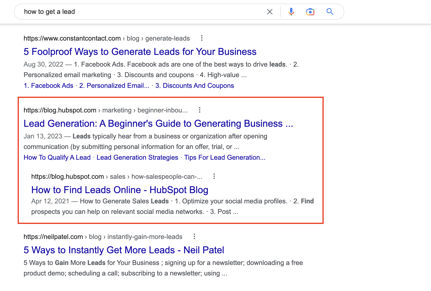 Google search engine results page for the query, "how to get a lead." The results are from constantcontact.com, Hubspot, and Neil Patel. 